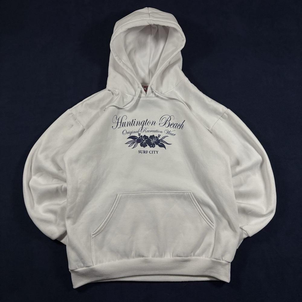 Vtg 90s Hill Heavyweight Huntington Beach Hoodie L White Surf City Made In USA